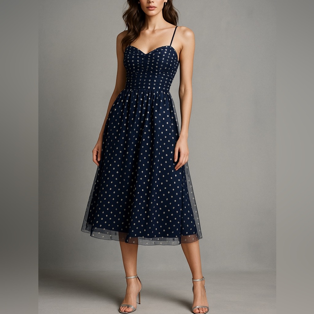 Eliza J Navy Silver Dot Tulle Midi Dress